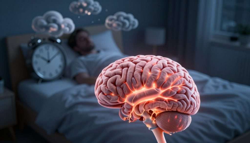 A visually striking representation of brain health, emphasizing the effects of sleep deprivation. In the foreground, a detailed 3D rendering of a human brain, vibrant and pulsating with neural connections,. The middle ground features a serene, dimly lit bedroom with a clock showing late hours, suggesting a struggle against sleep. In the background, abstract forms like swirling clouds illustrate the chaos of wakefulness—fragmented thoughts and fading memories. Soft, cool lighting enhances the atmosphere, accentuating the brain's intricate details while casting gentle shadows. The overall mood is contemplative, highlighting the importance of adequate sleep for cognitive function. Capture this scene with a slight top-down angle, creating a sense of depth and drawing the viewer’s attention to the brain’s vitality within the context of nighttime ambiance.