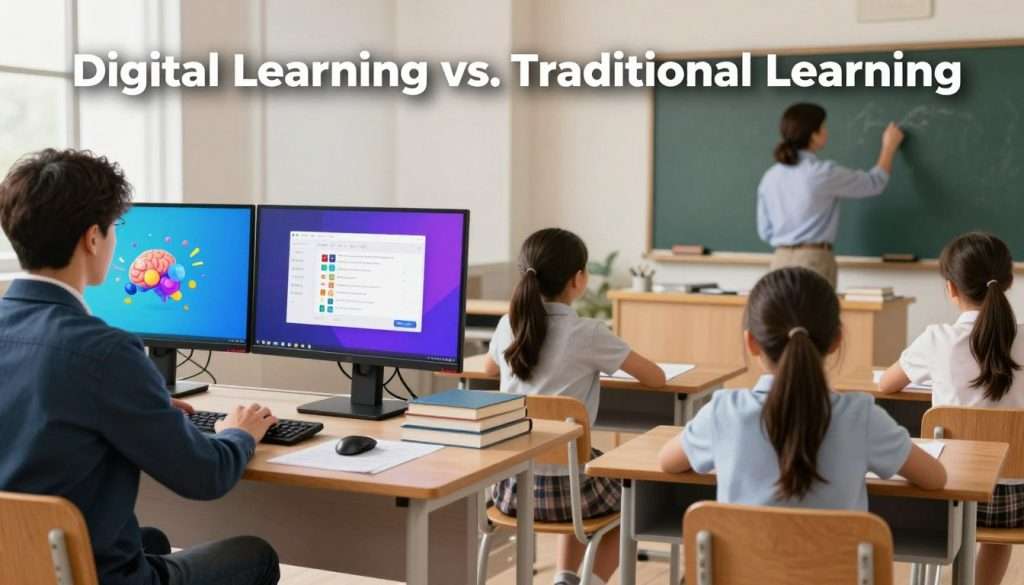 A visually striking split scene illustrating "Digital Learning vs. Traditional Learning." In the left foreground, a well-dressed professional seated at a modern desk engaged with two high-tech screens displaying videos and interactive courses, showcasing vibrant colors and dynamic graphics. In contrast, the right foreground features a classic wooden classroom with students attentively seated at desks, a teacher writing on a chalkboard, emanating warm, inviting tones. The middle ground merges both environments, blending the technological elements with traditional books and papers scattered across a traditional desk. Bright, focused lighting highlights the digital elements, while soft, natural light bathes the classroom scene. The overall atmosphere conveys a sense of curiosity and engagement, reflecting the contrasting impacts on brain satisfaction in each learning method.