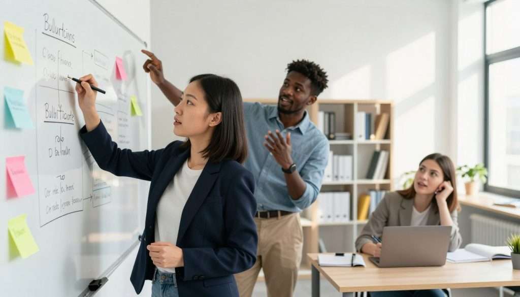 A well-lit office environment features a diverse group of three professionals, each deeply engaged in the blurting method process. In the foreground, a focused Asian woman in a smart blazer writes on a whiteboard filled with colorful notes and diagrams illustrating key concepts of the blurting technique. In the middle ground, a Black man in business casual attire gestures while explaining his ideas, his face showing enthusiasm. A Caucasian woman, sitting at a desk with a laptop, takes notes and looks inspired. The background includes bookshelves filled with educational materials, enhancing the atmosphere of creativity and collaboration. Soft, natural lighting from a nearby window casts inviting shadows, creating a productive mood. The angle captures the energy and dynamism of a brainstorming session, emphasizing teamwork and engagement in learning. A well-lit office environment features a diverse group of three professionals, each deeply engaged in the blurting method process. In the foreground, a focused Asian woman in a smart blazer writes on a whiteboard filled with colorful notes and diagrams illustrating key concepts of the blurting technique. In the middle ground, a Black man in business casual attire gestures while explaining his ideas, his face showing enthusiasm. A Caucasian woman, sitting at a desk with a laptop, takes notes and looks inspired. The background includes bookshelves filled with educational materials, enhancing the atmosphere of creativity and collaboration. Soft, natural lighting from a nearby window casts inviting shadows, creating a productive mood. The angle captures the energy and dynamism of a brainstorming session, emphasizing teamwork and engagement in learning.