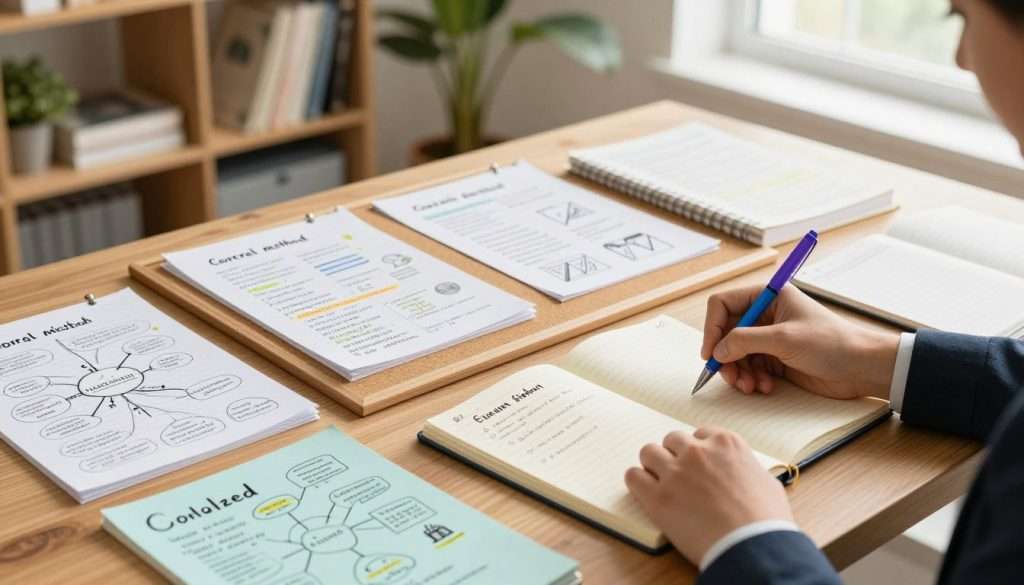A well-organized desk scene displaying various effective note-taking techniques, including the Cornell method, mind mapping, and sketchnotes, all illustrated on colorful, neatly arranged pages. In the foreground, a pair of hands, dressed in professional business attire, writes in a notebook using a vibrant pen, showcasing creativity and clarity. In the middle, a corkboard displays pinned pages with sample notes and sketches. The background features a soft-focus bookshelf filled with study materials and plants, adding an inviting atmosphere. Warm, natural light streams through a nearby window, enhancing an inspiring and productive mood. Use a slightly elevated angle to capture depth and order among the diverse note-taking methods. Emphasize clarity and organization. A well-organized desk scene displaying various effective note-taking techniques, including the Cornell method, mind mapping, and sketchnotes, all illustrated on colorful, neatly arranged pages. In the foreground, a pair of hands, dressed in professional business attire, writes in a notebook using a vibrant pen, showcasing creativity and clarity. In the middle, a corkboard displays pinned pages with sample notes and sketches. The background features a soft-focus bookshelf filled with study materials and plants, adding an inviting atmosphere. Warm, natural light streams through a nearby window, enhancing an inspiring and productive mood. Use a slightly elevated angle to capture depth and order among the diverse note-taking methods. Emphasize clarity and organization.