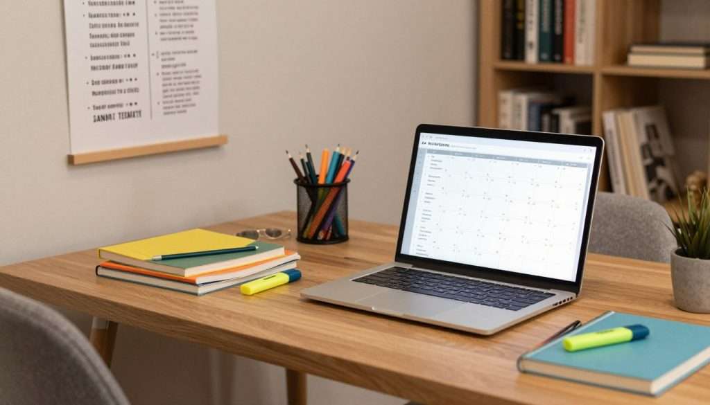 A well-organized study planning scene in a cozy, well-lit study room. In the foreground, a stylish wooden desk with a laptop open to a digital calendar filled with tasks and deadlines, surrounded by neatly arranged stationery including colorful notebooks and highlighters. In the middle ground, a comfortable chair sits beside the desk, with a motivational poster on the wall displaying strategic study concepts. The background features a bookshelf filled with textbooks and inspiring quotes. Soft, warm lighting simulates a natural glow, creating an inviting and focused atmosphere. The lens captures the scene from a slight angle, inviting viewers into the productive environment, embodying the essence of strategic planning and motivation in study habits. A well-organized study planning scene in a cozy, well-lit study room. In the foreground, a stylish wooden desk with a laptop open to a digital calendar filled with tasks and deadlines, surrounded by neatly arranged stationery including colorful notebooks and highlighters. In the middle ground, a comfortable chair sits beside the desk, with a motivational poster on the wall displaying strategic study concepts. The background features a bookshelf filled with textbooks and inspiring quotes. Soft, warm lighting simulates a natural glow, creating an inviting and focused atmosphere. The lens captures the scene from a slight angle, inviting viewers into the productive environment, embodying the essence of strategic planning and motivation in study habits.