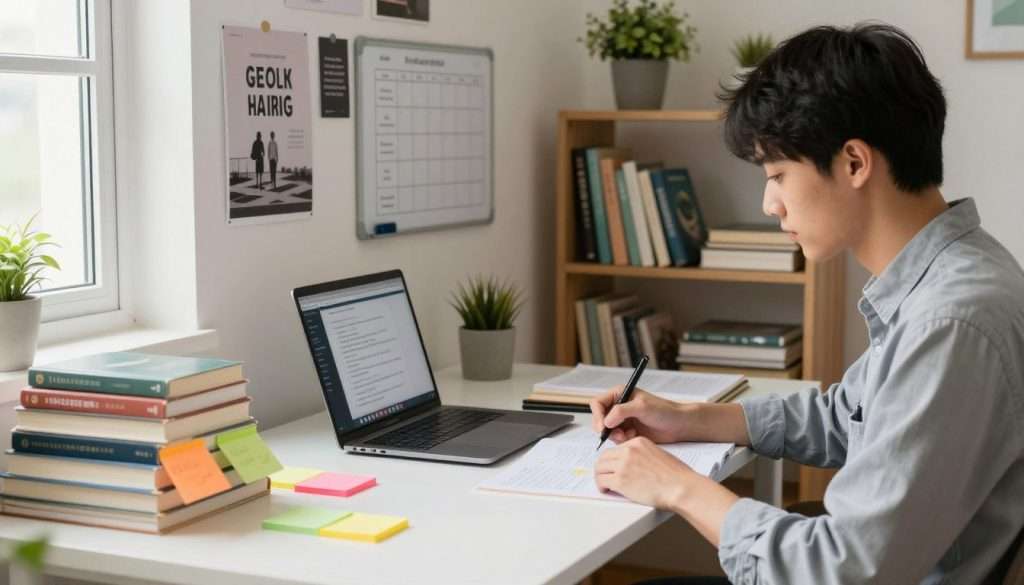 A well-organized study space, featuring a modern desk with neatly stacked books, colorful sticky notes, and a laptop with study apps visible on the screen. In the foreground, a focused young adult dressed in smart casual attire is engaged in effective study techniques, such as summarizing notes and highlighting key information. The middle layer shows an inspiring wall with motivational posters and a small whiteboard filled with study schedules. In the background, a cozy bookshelf filled with various educational resources and potted plants adds warmth to the atmosphere. Soft, natural light shines through a window, creating a calm and productive environment, enhancing the focus and motivation of the subject as they transform their study habits. A well-organized study space, featuring a modern desk with neatly stacked books, colorful sticky notes, and a laptop with study apps visible on the screen. In the foreground, a focused young adult dressed in smart casual attire is engaged in effective study techniques, such as summarizing notes and highlighting key information. The middle layer shows an inspiring wall with motivational posters and a small whiteboard filled with study schedules. In the background, a cozy bookshelf filled with various educational resources and potted plants adds warmth to the atmosphere. Soft, natural light shines through a window, creating a calm and productive environment, enhancing the focus and motivation of the subject as they transform their study habits.