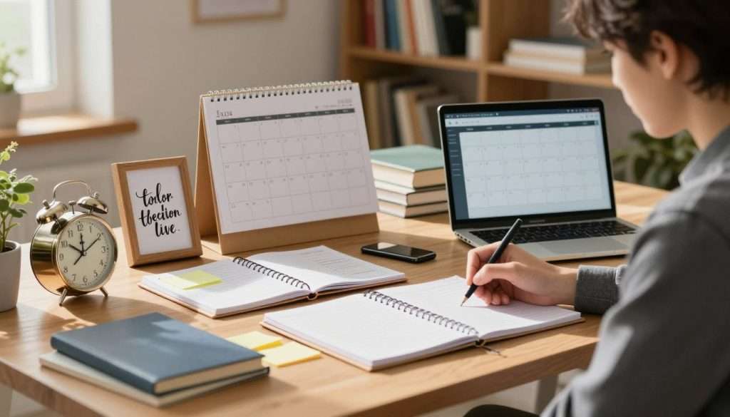 A well-organized study space featuring a wooden desk cluttered with various time management tools, such as a vintage clock, a modern planner, sticky notes, and a laptop displaying a calendar. In the foreground, a student in professional casual attire is engaged in work, focusing intently while taking notes. The middle layer includes a wall calendar filled with deadlines and a motivational quote framed beside it. The background is softly blurred to show bookshelves filled with educational materials. Warm, natural lighting filters in through a nearby window, casting gentle shadows and creating an atmosphere of calm concentration. The overall mood is productive and serene, capturing the essence of effective time management for students.