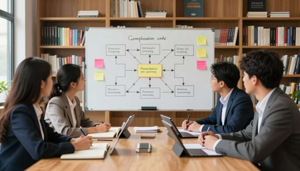 A well-organized study space showcasing the concept of comprehension and knowledge structuring. In the foreground, a diverse group of three individuals, a woman and two men dressed in professional business attire, collaboratively discussing ideas around a large, clutter-free wooden table with open notebooks and digital tablets. In the middle, a large whiteboard filled with neatly arranged diagrams, flowcharts, and colorful sticky notes, illustrating the process of breaking down complex concepts into manageable parts. The background features bookshelves filled with various educational texts, softly illuminated by warm, natural light streaming through a window, creating a productive and inviting atmosphere. The scene conveys a sense of focus and teamwork, highlighting the importance of preparing to teach. A well-organized study space showcasing the concept of comprehension and knowledge structuring. In the foreground, a diverse group of three individuals, a woman and two men dressed in professional business attire, collaboratively discussing ideas around a large, clutter-free wooden table with open notebooks and digital tablets. In the middle, a large whiteboard filled with neatly arranged diagrams, flowcharts, and colorful sticky notes, illustrating the process of breaking down complex concepts into manageable parts. The background features bookshelves filled with various educational texts, softly illuminated by warm, natural light streaming through a window, creating a productive and inviting atmosphere. The scene conveys a sense of focus and teamwork, highlighting the importance of preparing to teach.