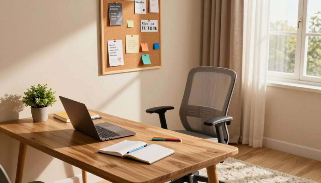 A well-organized study space that prioritizes multi-sensory engagement. In the foreground, a sleek wooden desk features an open laptop with notebooks and colored pens scattered around. A small potted plant adds a touch of nature. In the middle ground, a comfortable ergonomic chair invites prolonged use, while a vibrant wall-mounted corkboard displays visual aids and inspirational quotes. The background showcases a warm, inviting atmosphere with soft, diffused natural light streaming through a large window, casting gentle shadows. The room is adorned with calming colors and textures, like a plush rug and textured curtains, creating a serene environment conducive to focus and learning. The angle is slightly elevated, providing a comprehensive view of the thoughtfully designed space. A well-organized study space that prioritizes multi-sensory engagement. In the foreground, a sleek wooden desk features an open laptop with notebooks and colored pens scattered around. A small potted plant adds a touch of nature. In the middle ground, a comfortable ergonomic chair invites prolonged use, while a vibrant wall-mounted corkboard displays visual aids and inspirational quotes. The background showcases a warm, inviting atmosphere with soft, diffused natural light streaming through a large window, casting gentle shadows. The room is adorned with calming colors and textures, like a plush rug and textured curtains, creating a serene environment conducive to focus and learning. The angle is slightly elevated, providing a comprehensive view of the thoughtfully designed space.