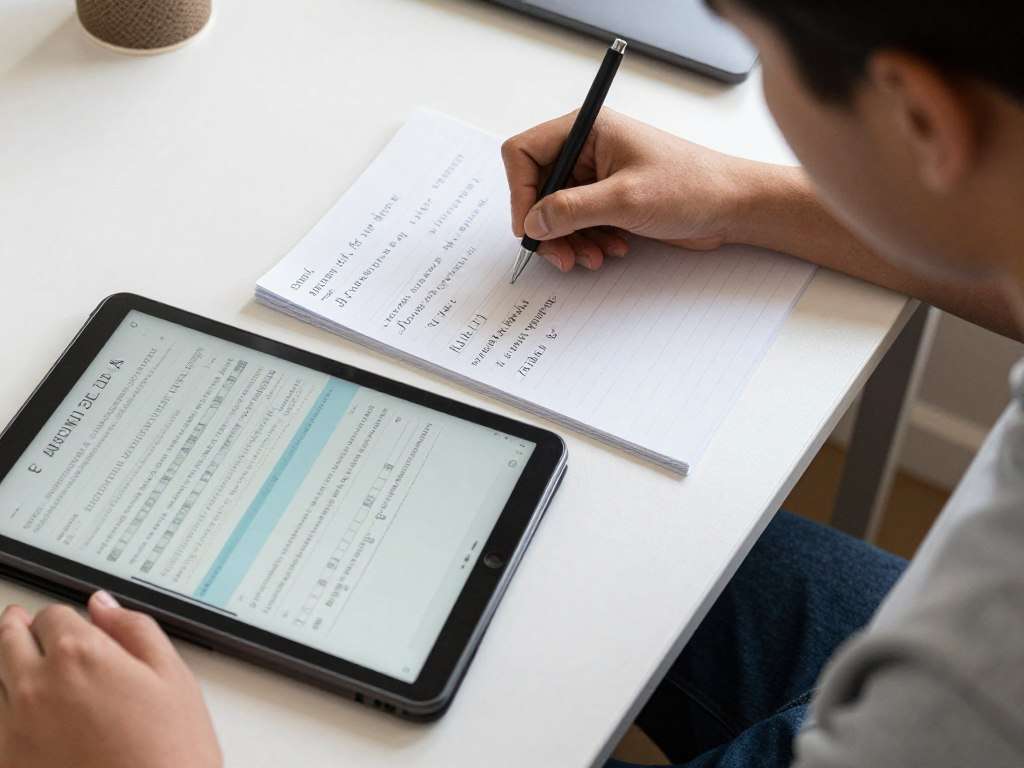 Student using active recall technique with flashcards and digital tools