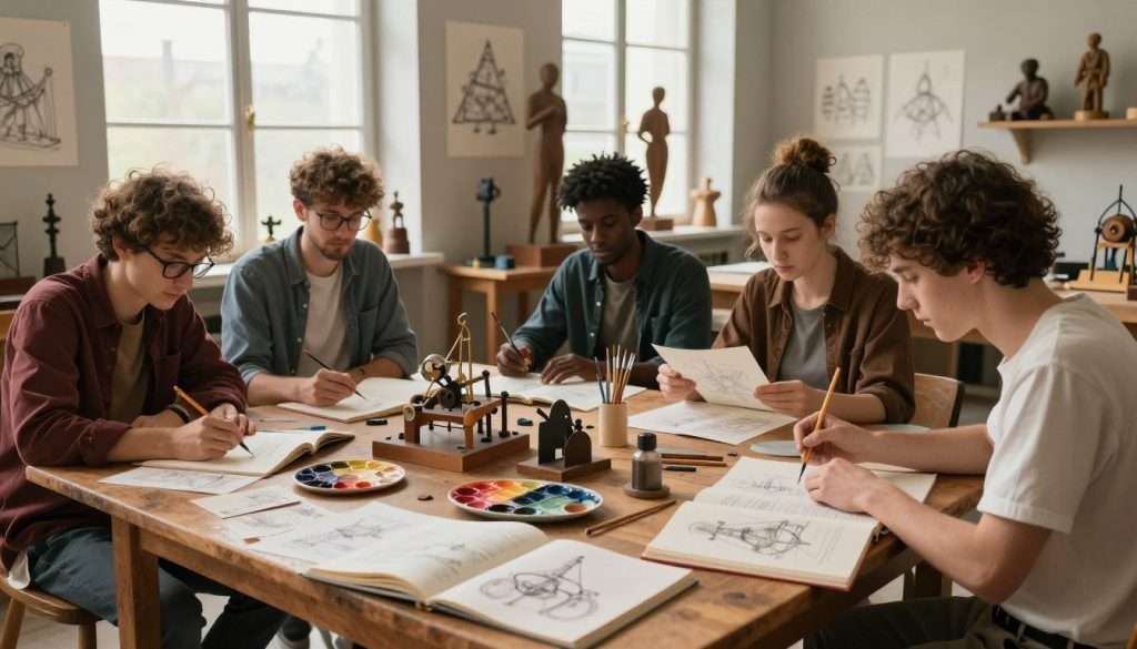 A Renaissance-inspired workshop scene showcasing an individual engaged in hands-on experimentation, reminiscent of Leonardo da Vinci. In the foreground, a diverse group of learners, dressed in modest casual clothing, intently examines various art supplies and scientific instruments such as sketches, paintbrushes, and mechanical models. The middle ground features a wooden table cluttered with open books, sketches of inventions, and colorful paint palettes, symbolizing exploration and creativity. In the background, large windows allow soft, natural light to flood the room, illuminating the intricate details of the workshop, adorned with sketches and wooden sculptures. The atmosphere is one of curiosity and inspiration, filled with warm tones to evoke a sense of discovery and enthusiasm for learning through direct experience.