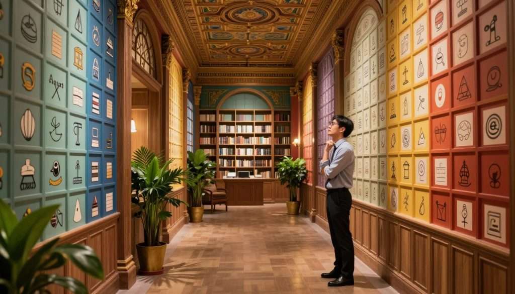 A beautifully designed Memory Palace, showcasing an ornate corridor filled with vividly colored, meticulously detailed rooms. Each room represents different themes of knowledge, such as history, science, art, and language. In the foreground, a figure in professional business attire stands thoughtfully, gazing at the vibrant symbols adorning the walls, symbolizing information retrieval. The middle ground includes well-lit, inviting rooms with wooden shelving and lush greenery, conveying a sense of calm and focus. The background features an expansive ceiling with intricate designs, illuminated by soft, warm light. The atmosphere is serene and contemplative, evoking the concept of a mental journey through memory. Use a wide-angle lens for depth, capturing the richness and detail of this imaginative space.