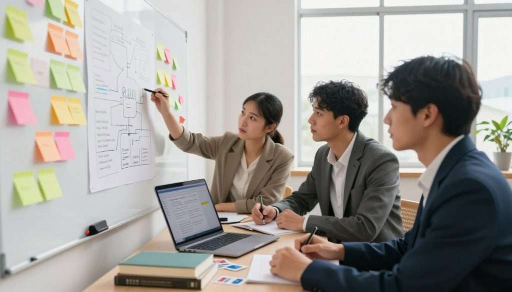 A bright and inviting study space showcasing effective learning techniques. In the foreground, a diverse group of three individuals—two men and one woman—are engaged in active recall, surrounded by colorful sticky notes and brainstorming diagrams on a large whiteboard. They wear professional business attire, appearing focused and engaged. In the middle ground, an open laptop displays educational resources, while a coffee table holds textbooks and flashcards, emphasizing hands-on studying tools. The background features a large window, flooding the room with natural light, enhancing a warm and motivating atmosphere. The scene is captured from a slightly angled perspective to give depth, with soft, diffused lighting creating an encouraging and uplifting mood, perfect for illustrating misconceptions about studying.