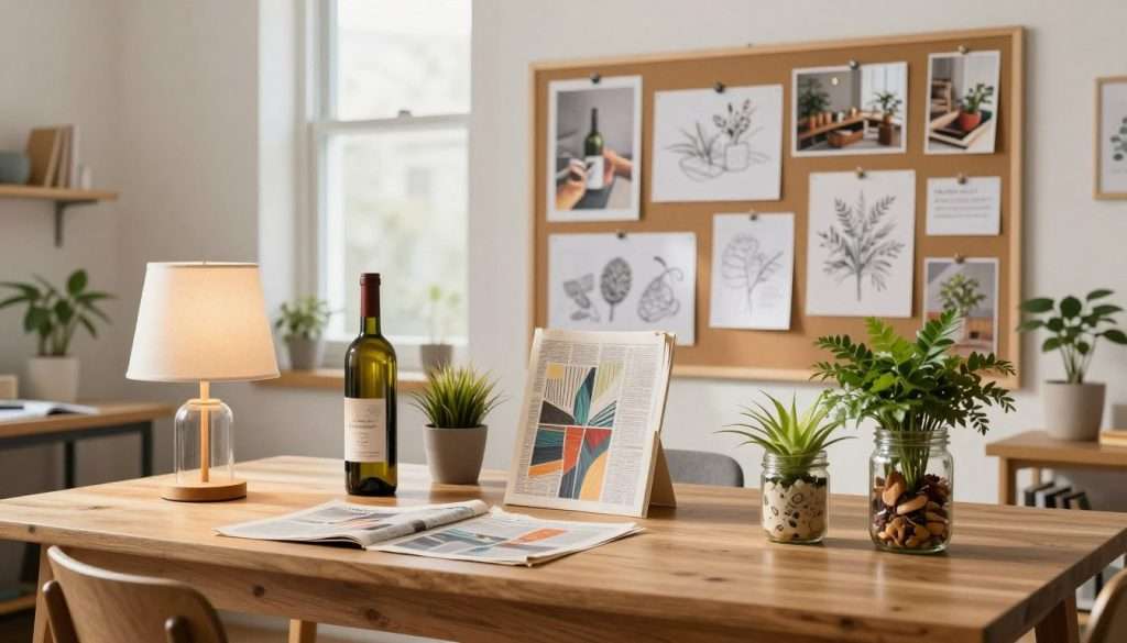 A bright and inviting workspace showcasing various creative repurposing ideas. In the foreground, a wooden table holds several transformed objects: a wine bottle turned into a lamp, old newspapers reshaped into artistic collages, and used jars filled with vibrant plants. In the middle, a large bulletin board displays inspiring sketches and photos of repurposed items. The background features a window allowing natural light to flood the scene, illuminating the details and casting soft shadows to enhance depth. A warm color palette evokes a sense of creativity and inspiration, while the overall atmosphere suggests innovation and resourcefulness in everyday life. Ensure the image is clean and organized, emphasizing practical creativity without clutter.