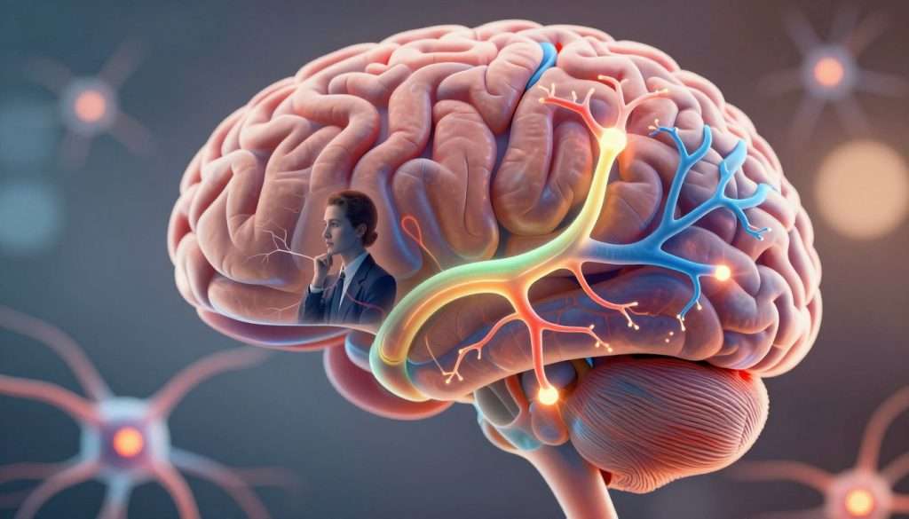 A close-up view of a human brain with intricate neural pathways highlighted in vibrant colors, symbolizing the process of reorganization and rewiring. In the foreground, individual neurons are interconnected with glowing synapses, illustrating the concept of positive thought patterns replacing negative ones. The middle layer features a translucent overlay of a person's silhouette, appearing contemplative and focused, dressed in professional attire. The background is softly blurred, depicting a serene environment, with warm lighting that evokes a sense of peace and potential. The entire composition conveys a transformative atmosphere, emphasizing growth and the power of neuroplasticity in achieving success. A close-up view of a human brain with intricate neural pathways highlighted in vibrant colors, symbolizing the process of reorganization and rewiring. In the foreground, individual neurons are interconnected with glowing synapses, illustrating the concept of positive thought patterns replacing negative ones. The middle layer features a translucent overlay of a person's silhouette, appearing contemplative and focused, dressed in professional attire. The background is softly blurred, depicting a serene environment, with warm lighting that evokes a sense of peace and potential. The entire composition conveys a transformative atmosphere, emphasizing growth and the power of neuroplasticity in achieving success.