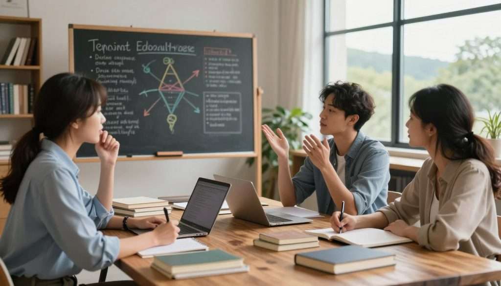 A cozy and inspiring study room filled with natural light. In the foreground, a diverse group of three individuals engaged in lively discussions around a large wooden table covered with books and notepads. One person, a woman in professional attire, actively writes notes while the others, a man in casual clothing and another woman in smart casuals, ask questions, demonstrating active recall techniques. In the middle, a large chalkboard displays colorful diagrams and study strategies, symbolizing effective learning methods. In the background, a window opens to a serene outdoor landscape, suggesting a peaceful learning environment. The atmosphere is warm, inviting, and focused, highlighting the transformative power of active engagement in learning. Soft lighting enhances the sense of concentration and creativity, ideal for a productive study session.