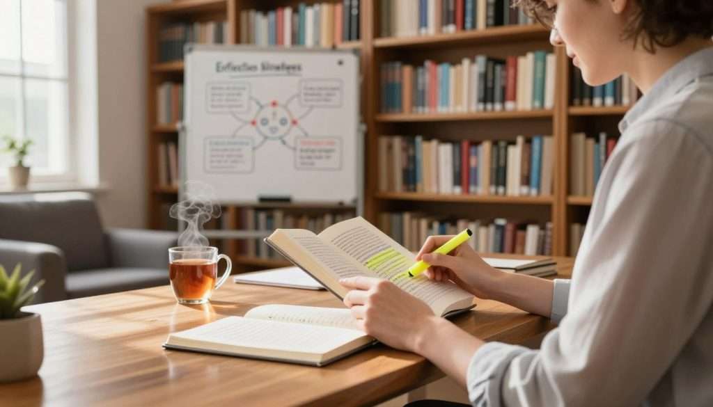 A cozy and inviting library study space, filled with warm wooden bookshelves lined with colorful books. In the foreground, a focused individual in professional casual clothing sits at a polished desk, deeply engaged in reading a book, highlighting important passages with a yellow highlighter. A notebook filled with handwritten notes rests beside them. Soft, natural light filters through a nearby window, casting gentle shadows and creating a calm atmosphere. In the middle ground, a whiteboard displays visual diagrams and mind maps related to effective reading strategies. In the background, a comfortable armchair and a steaming mug of tea add to the sense of focus and tranquility, emphasizing the concept of active reading and retention. The overall mood is optimistic and studious, perfect for highlighting the active engagement in learning. A cozy and inviting library study space, filled with warm wooden bookshelves lined with colorful books. In the foreground, a focused individual in professional casual clothing sits at a polished desk, deeply engaged in reading a book, highlighting important passages with a yellow highlighter. A notebook filled with handwritten notes rests beside them. Soft, natural light filters through a nearby window, casting gentle shadows and creating a calm atmosphere. In the middle ground, a whiteboard displays visual diagrams and mind maps related to effective reading strategies. In the background, a comfortable armchair and a steaming mug of tea add to the sense of focus and tranquility, emphasizing the concept of active reading and retention. The overall mood is optimistic and studious, perfect for highlighting the active engagement in learning.