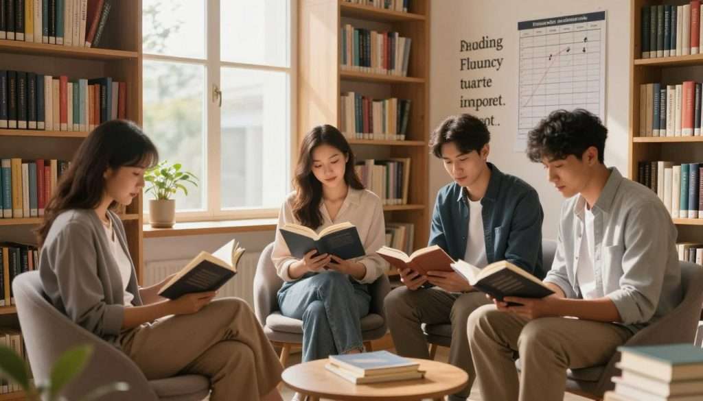 A cozy and inviting reading nook filled with books and soft lighting. In the foreground, a diverse group of three individuals, including a woman in professional attire and two men in neat casual clothing, are engaged in reading together, using methods like echo reading and choral reading. They demonstrate concentration and enthusiasm while seated on comfortable chairs surrounded by colorful bookshelves. In the middle ground, a large window lets in warm sunlight, casting soft shadows that create an inviting atmosphere. In the background, a wall is decorated with motivational reading quotes and a chart showing reading fluency techniques. The scene conveys a sense of calm, focus, and collaboration, emphasizing the importance of mastering reading fluency for improved comprehension. A cozy and inviting reading nook filled with books and soft lighting. In the foreground, a diverse group of three individuals, including a woman in professional attire and two men in neat casual clothing, are engaged in reading together, using methods like echo reading and choral reading. They demonstrate concentration and enthusiasm while seated on comfortable chairs surrounded by colorful bookshelves. In the middle ground, a large window lets in warm sunlight, casting soft shadows that create an inviting atmosphere. In the background, a wall is decorated with motivational reading quotes and a chart showing reading fluency techniques. The scene conveys a sense of calm, focus, and collaboration, emphasizing the importance of mastering reading fluency for improved comprehension.