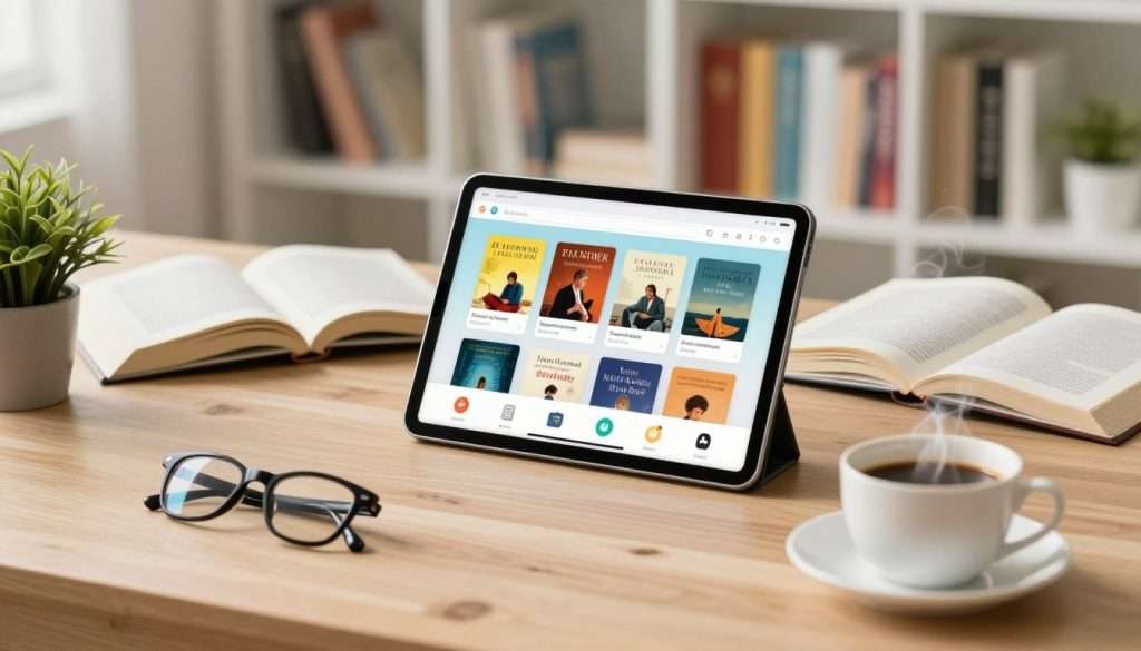 A cozy and inviting workspace featuring a modern tablet displaying various reading apps, surrounded by a few open books and a steaming cup of coffee. The foreground includes a light wood desk with soft textures, a pair of stylish reading glasses, and a small potted plant for a touch of greenery. In the middle, the tablet’s screen shows vibrant app icons related to reading, while the books lie on either side, showcasing different genres. The background should have a softly blurred bookshelf filled with colorful spines. Warm, natural lighting illuminates the scene, creating a relaxed and motivating atmosphere, perfect for embracing technology to enhance reading habits. The lens effect adds a slight bokeh to emphasize the tablet and books. A cozy and inviting workspace featuring a modern tablet displaying various reading apps, surrounded by a few open books and a steaming cup of coffee. The foreground includes a light wood desk with soft textures, a pair of stylish reading glasses, and a small potted plant for a touch of greenery. In the middle, the tablet’s screen shows vibrant app icons related to reading, while the books lie on either side, showcasing different genres. The background should have a softly blurred bookshelf filled with colorful spines. Warm, natural lighting illuminates the scene, creating a relaxed and motivating atmosphere, perfect for embracing technology to enhance reading habits. The lens effect adds a slight bokeh to emphasize the tablet and books.
