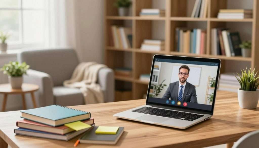 A cozy, inviting study space filled with various resources for mentoring. In the foreground, a wooden desk with an open laptop displaying a video call with a study mentor, both participants dressed in professional business attire. Beside the laptop, a stack of colorful books and notebooks adorned with sticky notes. In the middle ground, a comfortable armchair with a soft throw blanket, and a small plant on a side table for a touch of freshness. The background features a well-organized bookshelf filled with books and study materials, softly lit by warm, natural light streaming through a large window. The atmosphere is motivational and inspiring, perfect for promoting successful study partnerships.