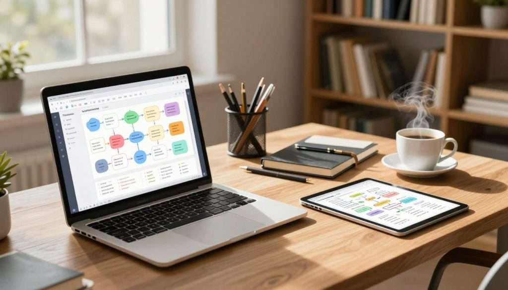 A cozy, modern workspace featuring digital Zettelkasten tools. In the foreground, a sleek laptop displays a vibrant, organized digital note interface with interconnected ideas. Nearby, a tablet shows a digital sketch of a Zettelkasten layout. The middle ground contains a wooden desk with neatly arranged stationery, a stylish notebook, and a steaming coffee cup, symbolizing productivity. The background features a well-lit bookshelf filled with books on productivity and organization, bathed in soft, warm lighting for a welcoming atmosphere. A large window lets in natural light, casting gentle shadows across the room. Overall, the mood is focused and inspiring, perfect for a productive work session.