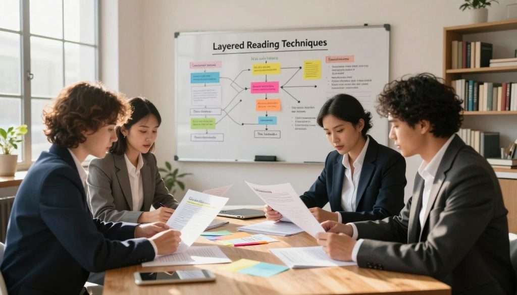 A cozy, modern workspace filled with books and notes, showcasing the concept of "Layered Reading Techniques." In the foreground, a diverse group of three individuals in professional business attire are engaged in focused study. They are seated around a large wooden table, examining layers of printed material, such as highlighted texts and color-coded notes. The middle features a large wall-mounted whiteboard filled with diagrams and bullet points outlining layered reading strategies. In the background, warm sunlight filters through large windows, creating a bright and inviting atmosphere. The scene is captured with a shallow depth of field to emphasize the subjects and their materials, while soft shadows add depth and warmth to the setting. The overall mood is collaborative, productive, and inspiring, perfect for embracing effective reading strategies.