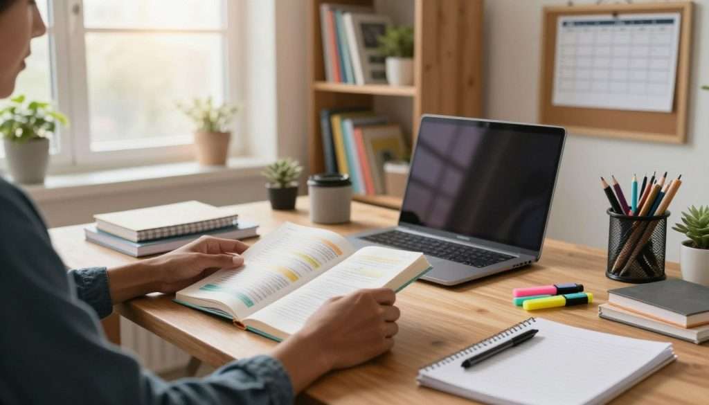 A cozy, organized study environment featuring a wooden desk cluttered with studying materials such as notebooks, highlighters, and a laptop. In the foreground, a pair of hands of a diverse individual in smart casual attire flipping through a colorful textbook, emphasizing active engagement. The middle ground shows a well-arranged bookshelf filled with educational resources, plants for a touch of nature, and a corkboard displaying study schedules and motivational quotes. In the background, a large window lets in soft, warm sunlight, creating an inviting atmosphere. The overall mood is focused and peaceful, reflecting an ideal study setting. The angle should be slightly above eye level, capturing the essence of an optimized study environment.