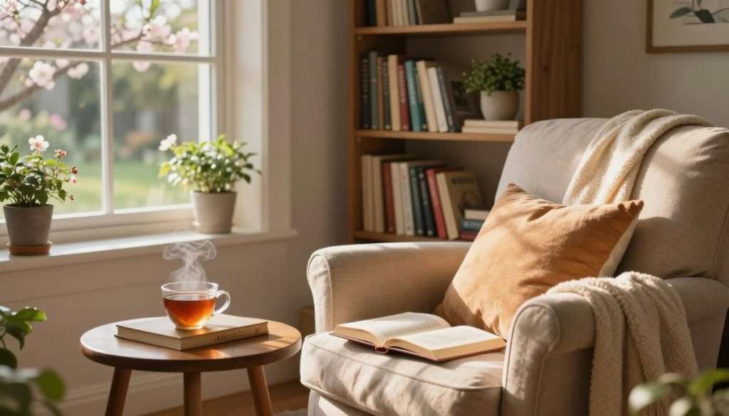 A cozy reading nook bathed in soft, golden afternoon light streaming through a large window. In the foreground, a plush armchair adorned with colorful throw pillows sits beside a small wooden side table, holding a steaming cup of tea and an open book. The middle ground features a well-stocked bookshelf filled with a variety of novels and decorative plants. A gentle blanket draped over the armchair adds warmth. In the background, a tranquil view of a blossoming garden is visible through the window, enhancing the serene atmosphere. The soft shadows create a welcoming and peaceful mood, inviting viewers to relax and immerse themselves in the joy of reading. A cozy reading nook bathed in soft, golden afternoon light streaming through a large window. In the foreground, a plush armchair adorned with colorful throw pillows sits beside a small wooden side table, holding a steaming cup of tea and an open book. The middle ground features a well-stocked bookshelf filled with a variety of novels and decorative plants. A gentle blanket draped over the armchair adds warmth. In the background, a tranquil view of a blossoming garden is visible through the window, enhancing the serene atmosphere. The soft shadows create a welcoming and peaceful mood, inviting viewers to relax and immerse themselves in the joy of reading.