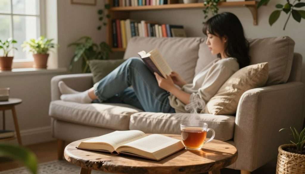 A cozy reading nook bathed in soft, warm light, with a large, comfortable armchair adorned with plush cushions. In the foreground, an open book rests on a small, rustic wooden side table, with a steaming cup of tea beside it. The middle layer features a peaceful scene of a person in modest, casual clothing, lounging comfortably while engrossed in a book. The background showcases a wall lined with bookshelves filled with colorful spines, surrounded by potted plants that add a touch of nature. Sunlight filters through a nearby window, casting gentle shadows and creating a serene atmosphere, inviting viewers to immerse themselves in the world of reading. The overall mood is tranquil and inviting, embodying the essence of a sustainable reading routine. A cozy reading nook bathed in soft, warm light, with a large, comfortable armchair adorned with plush cushions. In the foreground, an open book rests on a small, rustic wooden side table, with a steaming cup of tea beside it. The middle layer features a peaceful scene of a person in modest, casual clothing, lounging comfortably while engrossed in a book. The background showcases a wall lined with bookshelves filled with colorful spines, surrounded by potted plants that add a touch of nature. Sunlight filters through a nearby window, casting gentle shadows and creating a serene atmosphere, inviting viewers to immerse themselves in the world of reading. The overall mood is tranquil and inviting, embodying the essence of a sustainable reading routine.