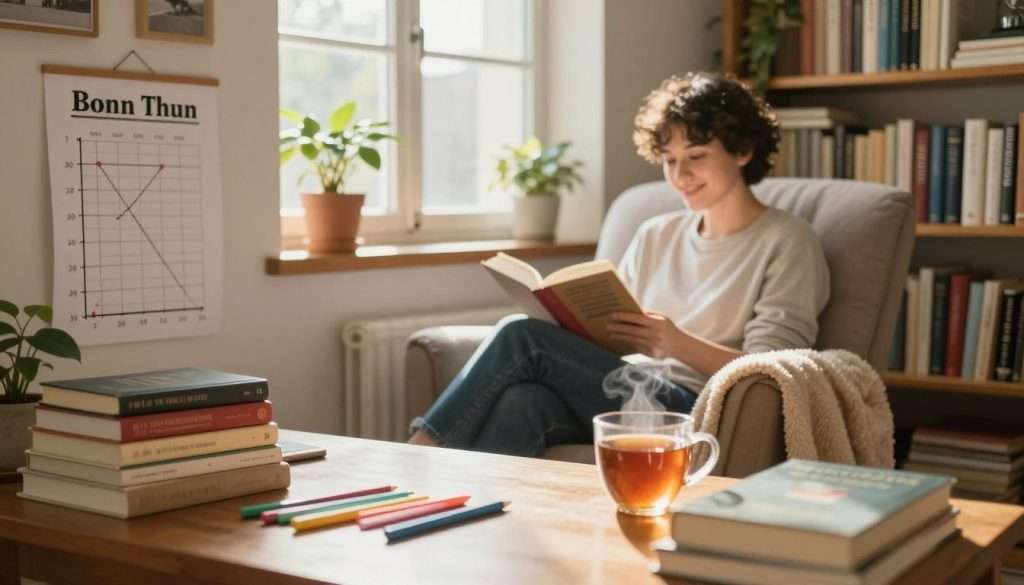 A cozy reading nook filled with books, journals, and a whimsical chart tracking reading milestones. In the foreground, a wooden desk with neatly stacked books and colorful bookmarks scattered about, a steaming cup of tea beside it. The middle ground features a comfortable armchair, draped with a soft blanket, where a person in modest casual clothing sits, deeply engrossed in a book, with a satisfied smile. The background shows a sunlit room adorned with bookshelves bursting with novels, plants adding a touch of greenery, and large windows allowing warm, soft light to fill the space. The atmosphere is inviting and peaceful, reflecting the joy of personal growth through reading, captured through a warm color palette, with a focus on natural lighting.