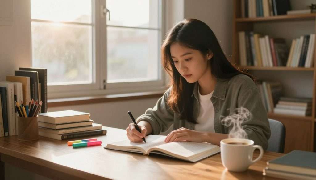 A cozy study corner bathed in warm morning light, featuring a focused student reviewing notes from previous lessons. In the foreground, a neatly arranged wooden desk holds open textbooks, colorful highlighters, and a cup of steaming coffee. The middle ground showcases the student, a young Asian woman wearing stylish yet modest casual clothing, attentively reviewing her notes with a thoughtful expression. In the background, a large window reveals a soft sunrise illuminating the room, while shelves filled with books add depth and a sense of knowledge. The atmosphere is calm and motivating, enhanced by gentle sunlight casting soft shadows across the scene, creating an inviting and inspirational study environment.