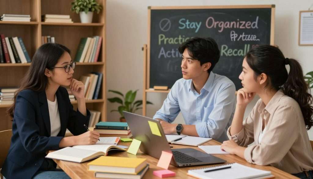 A cozy study environment depicting a diverse group of three students: a young woman with glasses in a professional casual outfit, an Asian male in a neat shirt, and a Hispanic female with a ponytail, all engaged in discussion. In the foreground, a cluttered wooden table holds reference books, colorful sticky notes, and a laptop with open tabs visible. In the middle, a chalkboard displays key study tips like “Stay Organized” and “Practice Active Recall” in colorful chalk. The background features a well-lit bookshelf filled with books and a potted plant. The lighting is warm and inviting, creating a focused yet relaxed atmosphere. The angle is slightly above eye level, capturing the students' engaged expressions and the messiness of creative study techniques, emphasizing common mistakes like procrastination and disorganization.