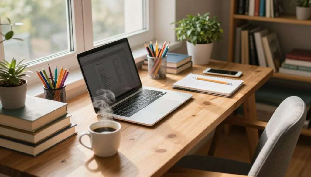 A cozy study environment featuring a wooden desk with an open laptop, neatly stacked books, and colorful stationery. In the foreground, a steaming cup of coffee sits beside a notepad filled with notes and a pencil. The middle ground showcases a large window letting in warm, natural light, illuminating the room with a soft glow, enhancing a focused atmosphere. A comfortable chair with a cushion is positioned at the desk, inviting productivity. In the background, a bookshelf filled with various books and green plants adds warmth and a sense of calm. The overall mood is serene and inspiring, evoking an ideal setting for a productive study sprint. The image should be taken from a slightly elevated angle, emphasizing the organized layout and cozy ambiance.