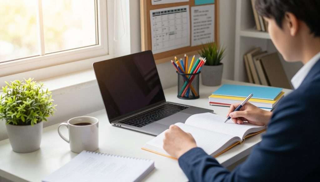 A cozy study environment showcasing a well-organized desk with open books, a laptop, and colorful stationery. In the foreground, a person dressed in professional business attire is focused on their study materials, surrounded by a coffee mug and a small plant for a touch of nature. The middle ground features a bulletin board filled with study schedules and motivational quotes. The background shows a window with soft sunlight streaming in, creating a warm and inviting atmosphere. The lighting is bright but soft, emphasizing productivity and motivation. The perspective is slightly above eye level, giving a clear view of the study setup, evoking a sense of calm determination and focus in the study routine. A cozy study environment showcasing a well-organized desk with open books, a laptop, and colorful stationery. In the foreground, a person dressed in professional business attire is focused on their study materials, surrounded by a coffee mug and a small plant for a touch of nature. The middle ground features a bulletin board filled with study schedules and motivational quotes. The background shows a window with soft sunlight streaming in, creating a warm and inviting atmosphere. The lighting is bright but soft, emphasizing productivity and motivation. The perspective is slightly above eye level, giving a clear view of the study setup, evoking a sense of calm determination and focus in the study routine.
