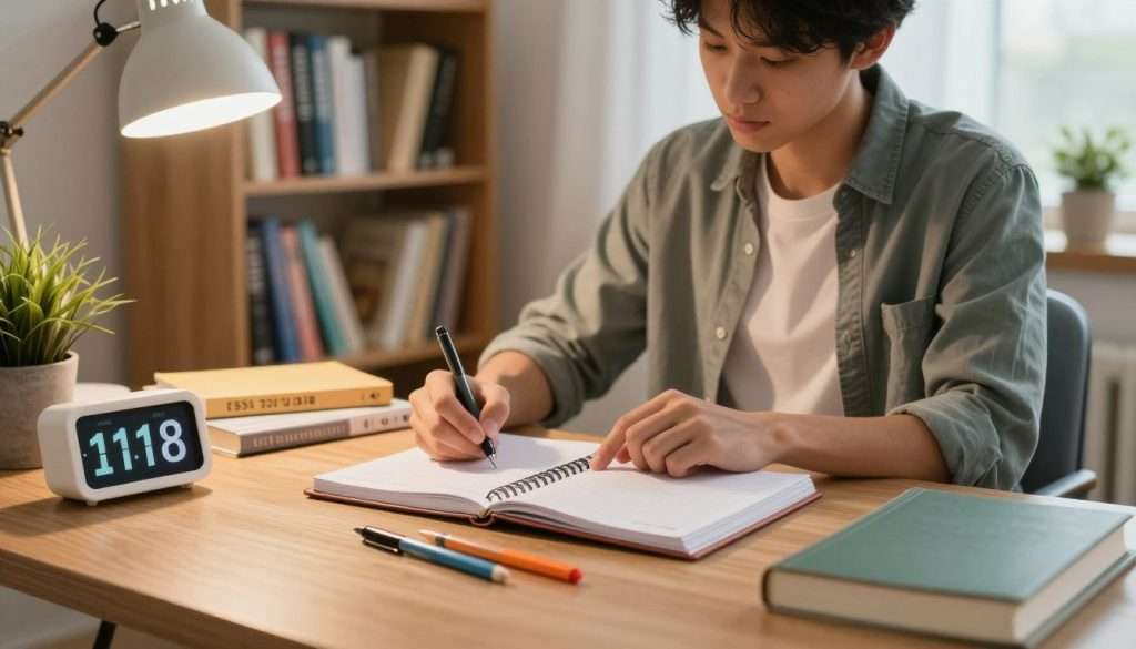 A cozy study environment showcasing effective time management techniques. In the foreground, a well-organized study desk with a planner open, colored pens, a digital clock displaying time management tips, and a potted plant. In the middle ground, a focused student wearing smart casual clothing, sitting comfortably on a chair, surrounded by textbooks and notes while writing in the planner. The background features a bookshelf filled with educational resources and soft ambient lighting from a desk lamp, creating a warm and inviting atmosphere. Natural light streams in through a nearby window, enhancing the mood of productivity and concentration, captured with a shallow depth of field to emphasize the subject. A cozy study environment showcasing effective time management techniques. In the foreground, a well-organized study desk with a planner open, colored pens, a digital clock displaying time management tips, and a potted plant. In the middle ground, a focused student wearing smart casual clothing, sitting comfortably on a chair, surrounded by textbooks and notes while writing in the planner. The background features a bookshelf filled with educational resources and soft ambient lighting from a desk lamp, creating a warm and inviting atmosphere. Natural light streams in through a nearby window, enhancing the mood of productivity and concentration, captured with a shallow depth of field to emphasize the subject.
