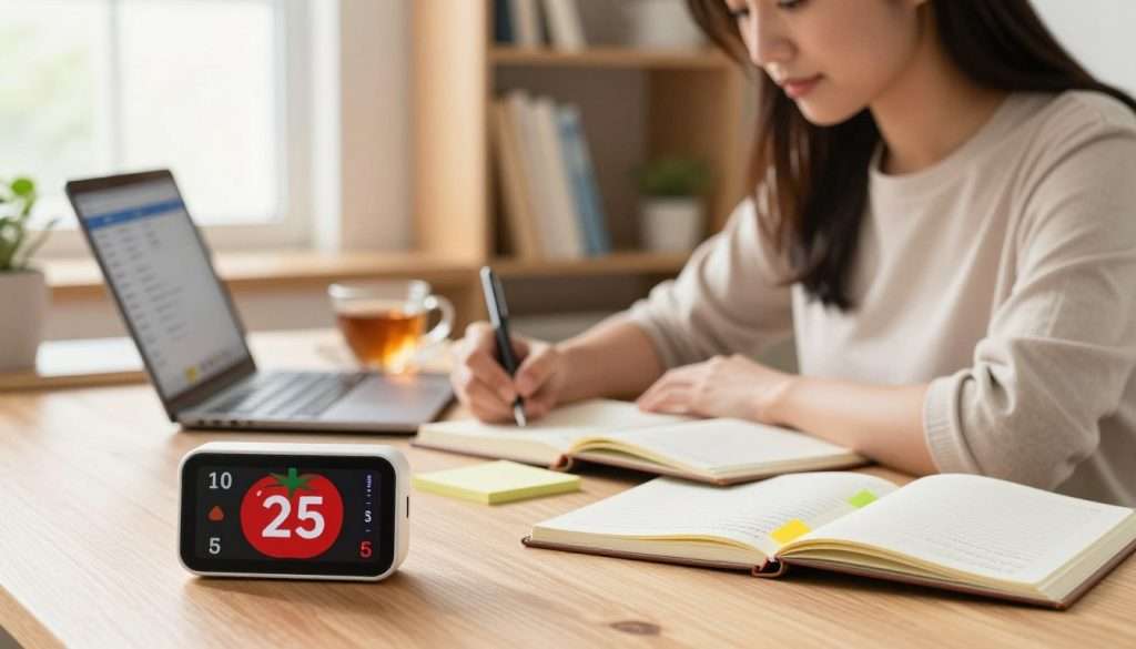 A cozy study environment showcasing the Pomodoro Technique in action, featuring a focused young woman wearing comfortable yet professional clothing. In the foreground, a timer set to 25 minutes with a vibrant red tomato design sits next to open notebooks filled with notes and colorful sticky tabs. In the middle ground, the woman is intently writing, surrounded by a cup of tea and a digital device displaying a productivity app. The background includes a well-organized bookshelf and a soft-lit window letting in warm, natural light, creating a relaxed atmosphere. The scene conveys concentration and efficiency, emphasizing a balanced study session that enhances focus and retention, with a soft aperture blur to add depth.