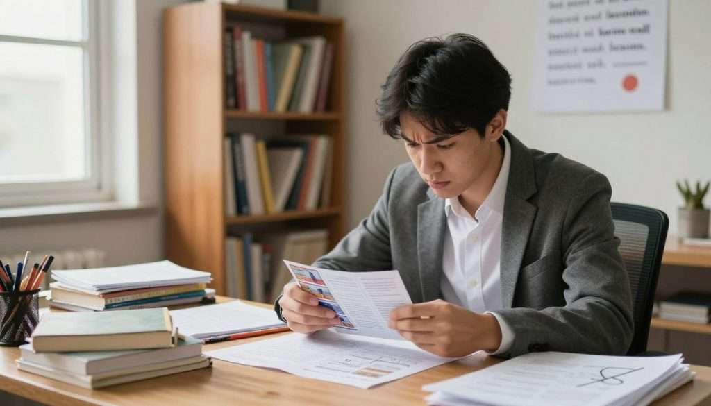 A cozy study room filled with books, a desk cluttered with study materials, and a focused student depicted in business casual attire seated at the desk. The student, a young adult with an expression of concentration and slight frustration, is actively recalling information by looking at flashcards. Papers with crossed-out notes and scribbles are scattered on the desk, symbolizing mistakes made in their study process. In the background, shelves filled with colorful textbooks and an inspiring wall poster about effective study techniques. Soft, natural lighting floods the room through a window, creating a warm and inviting atmosphere, while a shallow depth of field focuses on the student and their study materials. The overall mood conveys the challenge of overcoming common errors in active recall.