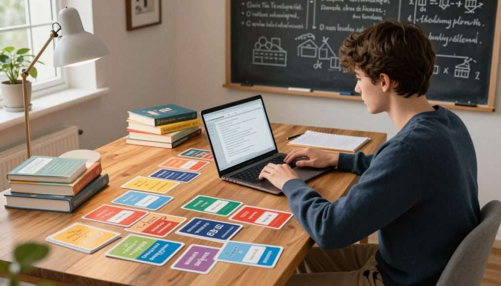 A cozy study room filled with educational materials, showcasing a large oak desk at the forefront cluttered with colorful flashcards and textbooks on various subjects like mathematics, history, and science. In the middle ground, a focused student, wearing smart casual attire, is sitting on a comfortable chair, using a laptop with spaced repetition software on the screen, intently reviewing the flashcards. The background features a chalkboard filled with neatly organized study notes and diagrams under soft, warm lighting coming from a nearby lamp, enhancing a productive atmosphere. The scene conveys a sense of determination and organization, reflecting the effectiveness of spaced repetition in studying. The angle is slightly elevated to capture both the student’s engagement and the study environment in an inviting and inspiring context.