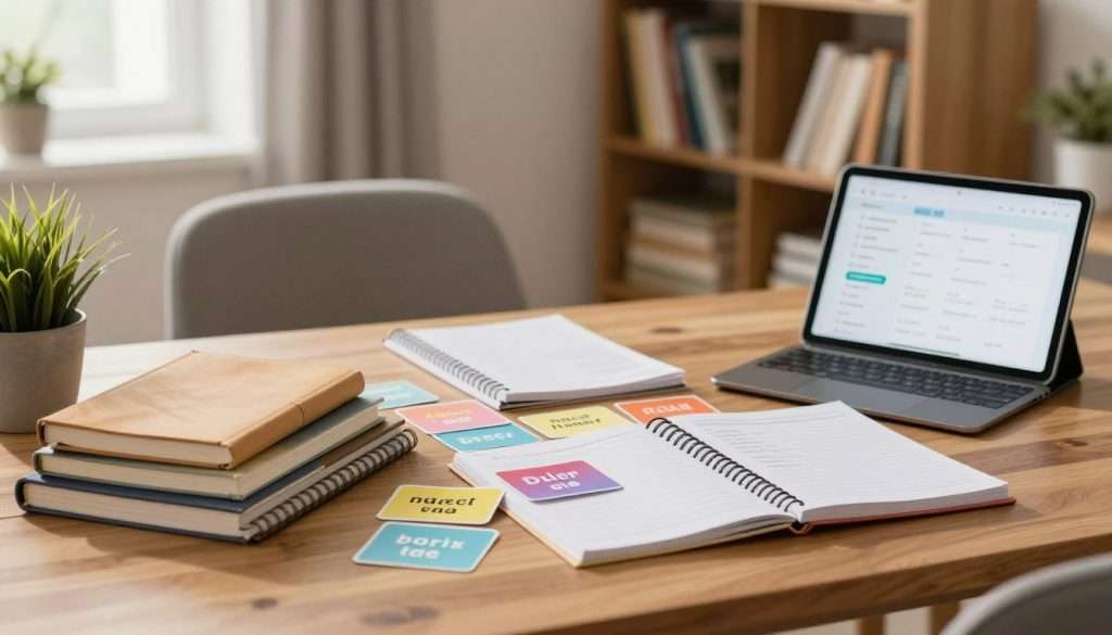 A cozy study room filled with natural light, featuring a wooden desk cluttered with colorful flashcards showcasing vocabulary words. In the foreground, a stack of organized study materials, including notebooks and a tablet with a spaced repetition app displayed. The middle ground includes a comfortable chair and a small potted plant, creating an inviting atmosphere. The background shows a bookshelf filled with educational books, emphasizing the theme of learning. Soft, warm lighting enhances the inviting mood, and a shallow depth of field captures the essence of focused studying. The composition should evoke a sense of productivity and motivation, ideal for daily study routines. A cozy study room filled with natural light, featuring a wooden desk cluttered with colorful flashcards showcasing vocabulary words. In the foreground, a stack of organized study materials, including notebooks and a tablet with a spaced repetition app displayed. The middle ground includes a comfortable chair and a small potted plant, creating an inviting atmosphere. The background shows a bookshelf filled with educational books, emphasizing the theme of learning. Soft, warm lighting enhances the inviting mood, and a shallow depth of field captures the essence of focused studying. The composition should evoke a sense of productivity and motivation, ideal for daily study routines.