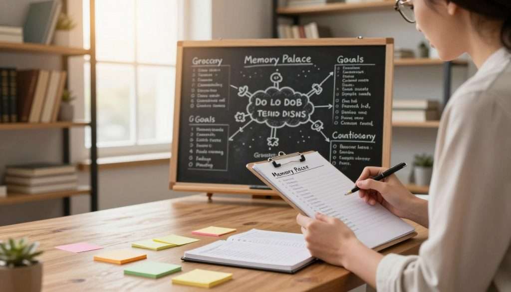 A cozy study room filled with shelves of books, focused on a professional person in smart casual attire, thoughtfully reviewing a list on a clipboard. In the foreground, a wooden desk is scattered with colorful sticky notes and an open notebook filled with organized lists. In the middle, a large chalkboard displays various types of lists, such as grocery items, to-do tasks, and goals, creatively arranged to resemble a mind map. The background features a glowing window with warm sunlight streaming in, illuminating the scene and creating a welcoming atmosphere. The overall mood is one of concentration and inspiration, highlighting the practical application of the Memory Palace technique for memorizing lists. Soft, diffused lighting enhances the study's inviting appearance, while a slightly tilted angle captures the dynamic interaction between the individual and their visual aids.