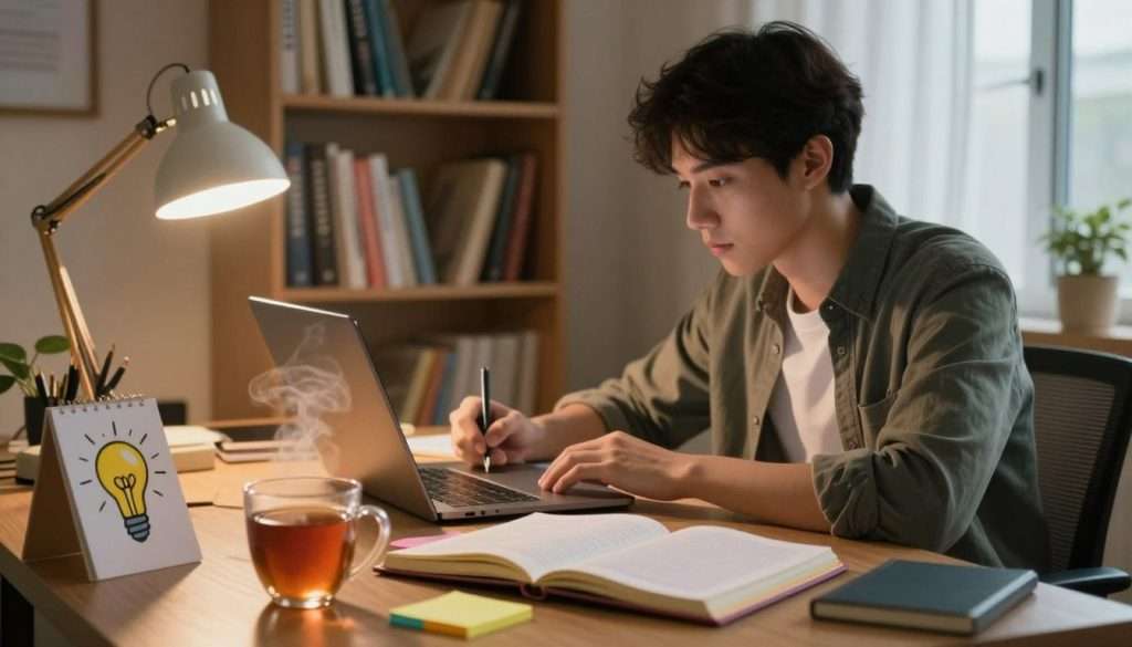 A cozy study scene in a softly lit room, focusing on a cluttered desk with an open notebook and colorful sticky notes scattered around. In the foreground, there's a steaming cup of tea and a small motivational poster with a light bulb design, suggesting creative ideas. In the middle ground, a focused student in casual yet professional attire looks towards a laptop, taking notes with a focused expression. The background features a warm, inviting bookshelf filled with books and soft glow from a desk lamp, illuminating the workspace. The atmosphere is calm and inspiring, with gentle shadows and a hint of afternoon sunlight filtering through a window, creating a sense of determination amidst weariness. A cozy study scene in a softly lit room, focusing on a cluttered desk with an open notebook and colorful sticky notes scattered around. In the foreground, there's a steaming cup of tea and a small motivational poster with a light bulb design, suggesting creative ideas. In the middle ground, a focused student in casual yet professional attire looks towards a laptop, taking notes with a focused expression. The background features a warm, inviting bookshelf filled with books and soft glow from a desk lamp, illuminating the workspace. The atmosphere is calm and inspiring, with gentle shadows and a hint of afternoon sunlight filtering through a window, creating a sense of determination amidst weariness.