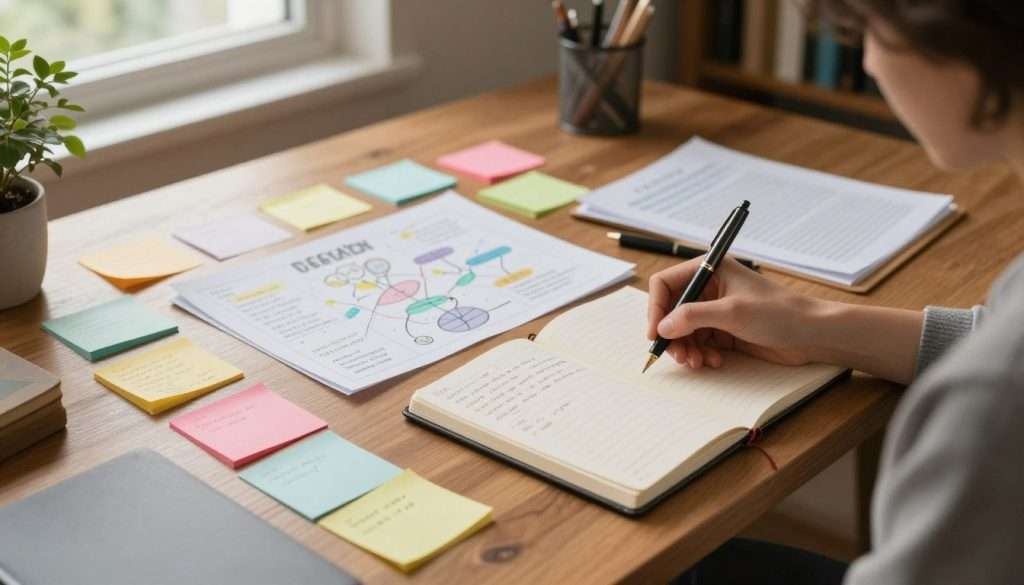 A cozy study space featuring a large wooden desk scattered with various handwritten notes and stationery items. In the foreground, a person in smart casual attire is intently engaged in writing in a stylish notebook, using a luxurious fountain pen. The middle ground displays a colorful assortment of sticky notes, mind maps, and organized papers, showcasing different note-taking methods. The background features warm, natural light filtering through a window adorned with greenery, adding a serene atmosphere. A faint bookshelf filled with books complements the scene. The image is shot from a slight overhead angle to capture the depth of the desk while maintaining a focus on the note-taking process. The overall mood is inspiring and productive, inviting viewers to immerse themselves in the art of handwritten notes. A cozy study space featuring a large wooden desk scattered with various handwritten notes and stationery items. In the foreground, a person in smart casual attire is intently engaged in writing in a stylish notebook, using a luxurious fountain pen. The middle ground displays a colorful assortment of sticky notes, mind maps, and organized papers, showcasing different note-taking methods. The background features warm, natural light filtering through a window adorned with greenery, adding a serene atmosphere. A faint bookshelf filled with books complements the scene. The image is shot from a slight overhead angle to capture the depth of the desk while maintaining a focus on the note-taking process. The overall mood is inspiring and productive, inviting viewers to immerse themselves in the art of handwritten notes.