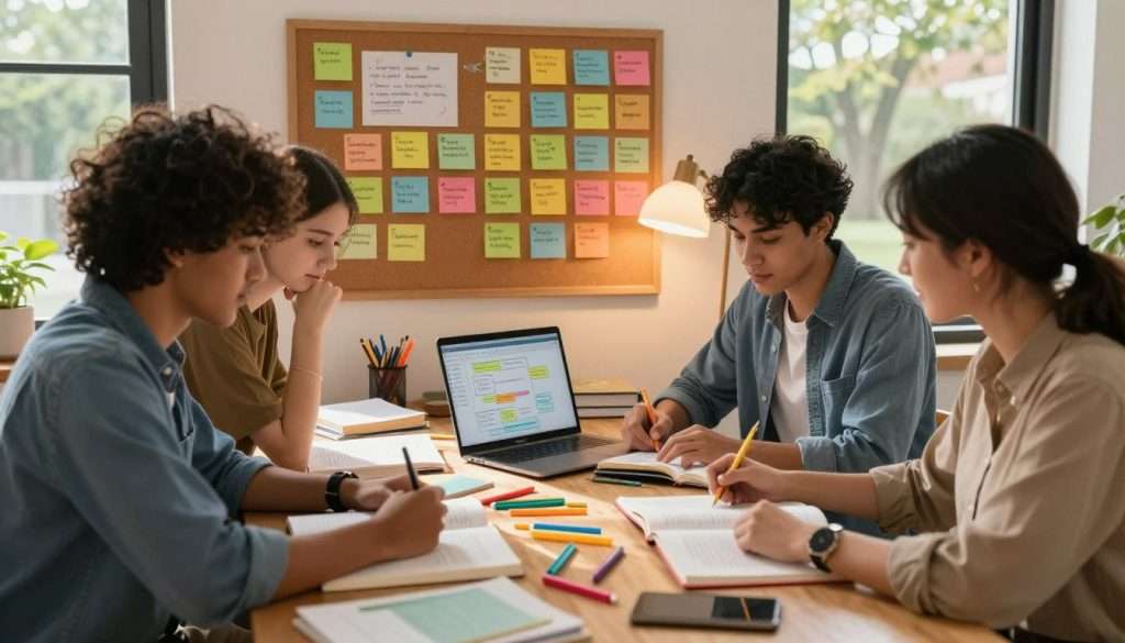 A cozy study space featuring an inviting wooden desk cluttered with colorful stationery, open textbooks, and a laptop displaying a brainstorming session. In the foreground, a diverse group of three students, dressed in casual yet professional attire, enthusiastically collaborating over a study guide. The middle layer showcases a vibrant corkboard filled with sticky notes, highlighting key study hacks like time management and active learning techniques. In the background, warm ambient lighting creates a relaxed atmosphere, while a window reveals a tranquil outdoor scene with sunlight streaming in, casting gentle shadows. The overall mood is one of motivation and creativity, perfect for inspiring productive study habits. A cozy study space featuring an inviting wooden desk cluttered with colorful stationery, open textbooks, and a laptop displaying a brainstorming session. In the foreground, a diverse group of three students, dressed in casual yet professional attire, enthusiastically collaborating over a study guide. The middle layer showcases a vibrant corkboard filled with sticky notes, highlighting key study hacks like time management and active learning techniques. In the background, warm ambient lighting creates a relaxed atmosphere, while a window reveals a tranquil outdoor scene with sunlight streaming in, casting gentle shadows. The overall mood is one of motivation and creativity, perfect for inspiring productive study habits.