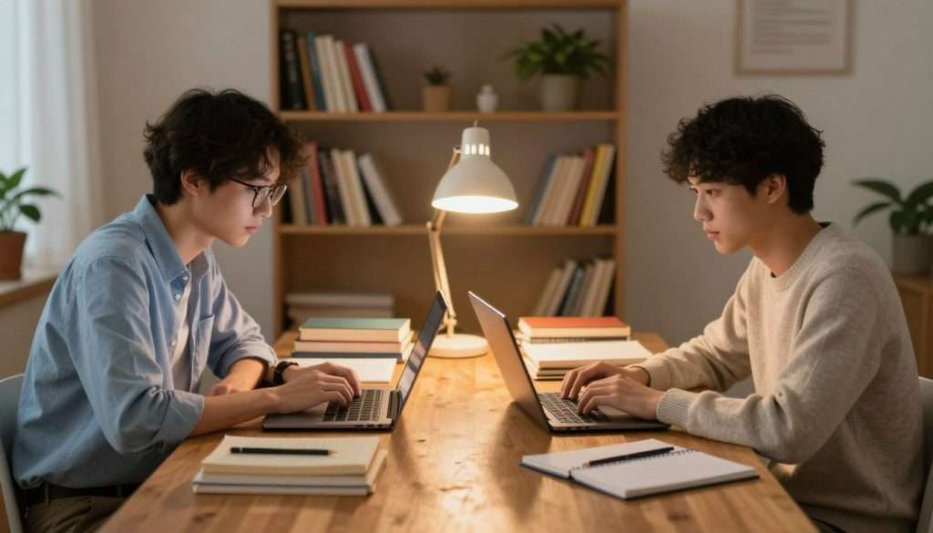 A cozy study space featuring two students sitting at a large wooden table, facing each other while working on their laptops. The foreground shows their focused expressions, with the first student wearing a light blue button-up shirt and glasses, and the second student in a neat sweater. In the middle, books and notebooks are scattered on the table, with a warm desk lamp illuminating the scene, creating a comforting golden glow. In the background, a bookshelf filled with colorful textbooks and potted plants adds a touch of life. The atmosphere is calm and collaborative, promoting productivity and accountability between the two students. Use soft, natural lighting to enhance the inviting mood, capturing the essence of body doubling as a tool for motivation. A cozy study space featuring two students sitting at a large wooden table, facing each other while working on their laptops. The foreground shows their focused expressions, with the first student wearing a light blue button-up shirt and glasses, and the second student in a neat sweater. In the middle, books and notebooks are scattered on the table, with a warm desk lamp illuminating the scene, creating a comforting golden glow. In the background, a bookshelf filled with colorful textbooks and potted plants adds a touch of life. The atmosphere is calm and collaborative, promoting productivity and accountability between the two students. Use soft, natural lighting to enhance the inviting mood, capturing the essence of body doubling as a tool for motivation.