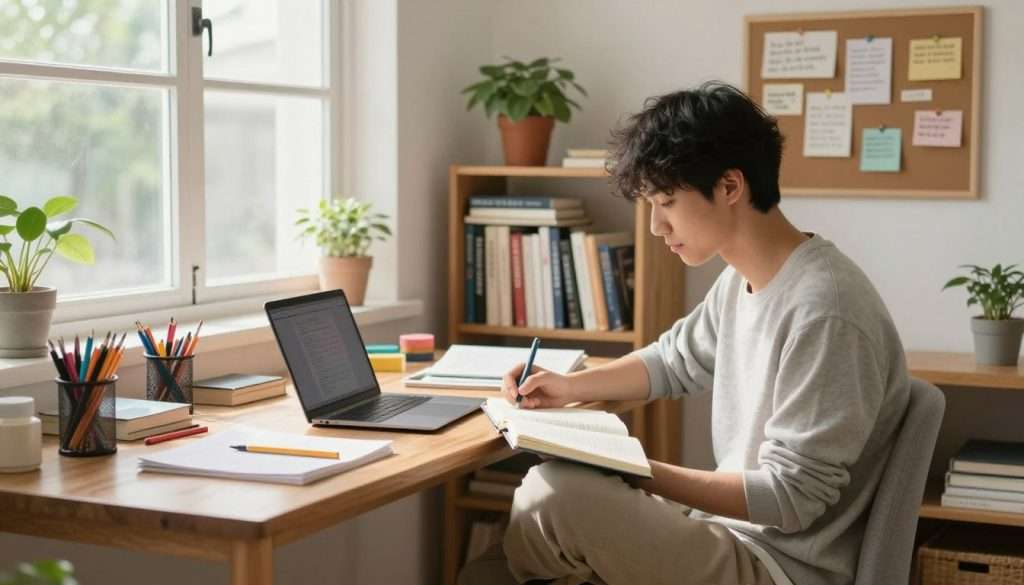 A cozy study space filled with natural light streaming through a large window, illuminating a clutter-free wooden desk. In the foreground, a focused young adult in smart casual attire sits cross-legged on a comfortable chair, immersed in studying from an open notebook and a laptop, surrounded by colorful stationery and motivational quotes pinned on a corkboard. In the middle, a bookshelf filled with neatly organized books on personal development and study techniques adds warmth. The background features plants that bring life to the room, creating a serene and inviting atmosphere. Soft, diffused lighting enhances the tranquil mood, while a slight depth of field draws attention to the focused study session, conveying a sense of productivity and personal growth. A cozy study space filled with natural light streaming through a large window, illuminating a clutter-free wooden desk. In the foreground, a focused young adult in smart casual attire sits cross-legged on a comfortable chair, immersed in studying from an open notebook and a laptop, surrounded by colorful stationery and motivational quotes pinned on a corkboard. In the middle, a bookshelf filled with neatly organized books on personal development and study techniques adds warmth. The background features plants that bring life to the room, creating a serene and inviting atmosphere. Soft, diffused lighting enhances the tranquil mood, while a slight depth of field draws attention to the focused study session, conveying a sense of productivity and personal growth.