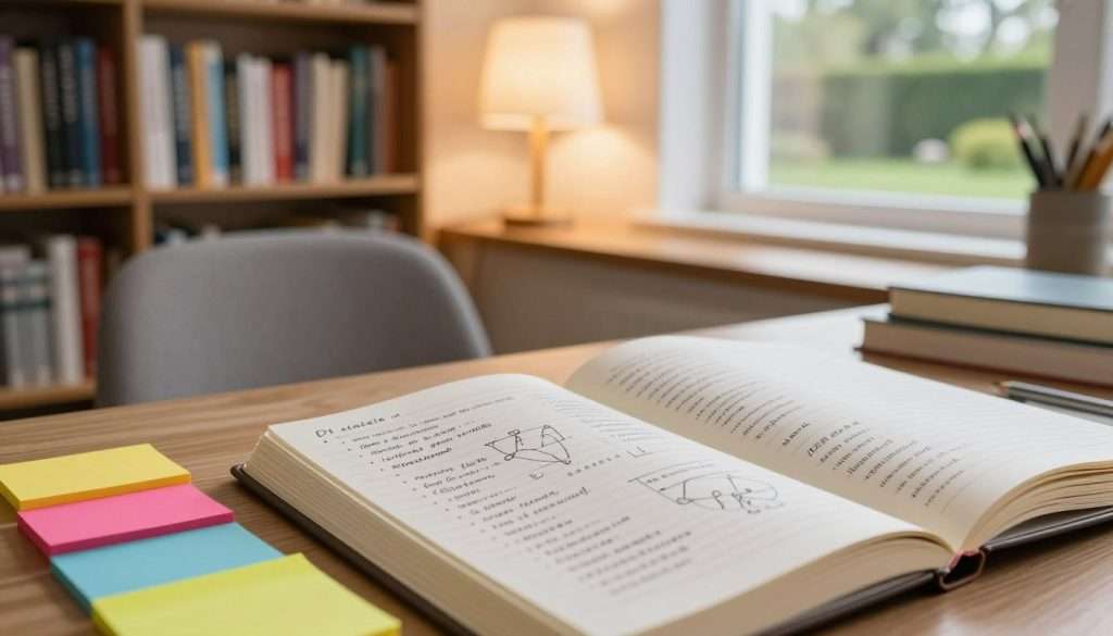 A cozy, well-lit study environment emphasizing effective note-taking systems that enhance reading comprehension. In the foreground, a close-up view of an organized desk with an open notebook filled with neatly written notes, bullet points, and diagrams. Beside it, color-coded sticky notes in vibrant hues offer visual interest. In the middle ground, a comfortable chair is positioned next to a large bookshelf filled with various books, suggesting a love for reading. The background features a softly glowing desk lamp casting warm light, with a window revealing a serene garden scene outside, creating a peaceful atmosphere. The composition is captured with a slight depth of field using a 50mm lens, allowing the focus to be on the note-taking area while the background gently blurs. A cozy, well-lit study environment emphasizing effective note-taking systems that enhance reading comprehension. In the foreground, a close-up view of an organized desk with an open notebook filled with neatly written notes, bullet points, and diagrams. Beside it, color-coded sticky notes in vibrant hues offer visual interest. In the middle ground, a comfortable chair is positioned next to a large bookshelf filled with various books, suggesting a love for reading. The background features a softly glowing desk lamp casting warm light, with a window revealing a serene garden scene outside, creating a peaceful atmosphere. The composition is captured with a slight depth of field using a 50mm lens, allowing the focus to be on the note-taking area while the background gently blurs.
