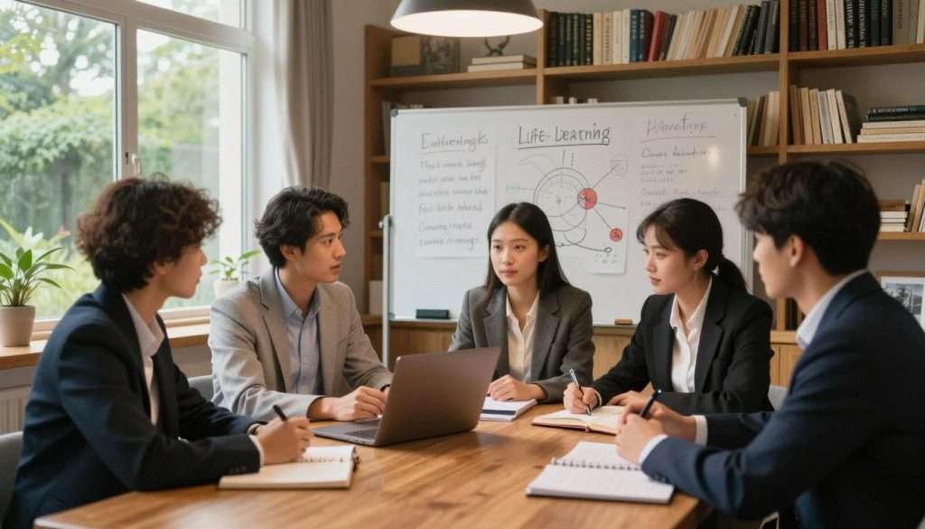 A cozy, well-lit study room filled with books and educational tools under warm, inviting lighting. In the foreground, a diverse group of four individuals, dressed in professional business attire, are gathered around a wooden table. They are engaged in lively discussion, with a laptop open and notebooks scattered about, symbolizing collaboration in learning. The middle ground features a whiteboard filled with diagrams and motivational quotes about lifelong learning. In the background, large windows allow natural light to pour in, with a view of a serene garden, evoking a sense of tranquility and inspiration. The overall mood is one of encouragement, growth, and a commitment to continuous learning. The perspective is slightly angled to capture both the interaction and the welcoming environment. A cozy, well-lit study room filled with books and educational tools under warm, inviting lighting. In the foreground, a diverse group of four individuals, dressed in professional business attire, are gathered around a wooden table. They are engaged in lively discussion, with a laptop open and notebooks scattered about, symbolizing collaboration in learning. The middle ground features a whiteboard filled with diagrams and motivational quotes about lifelong learning. In the background, large windows allow natural light to pour in, with a view of a serene garden, evoking a sense of tranquility and inspiration. The overall mood is one of encouragement, growth, and a commitment to continuous learning. The perspective is slightly angled to capture both the interaction and the welcoming environment.