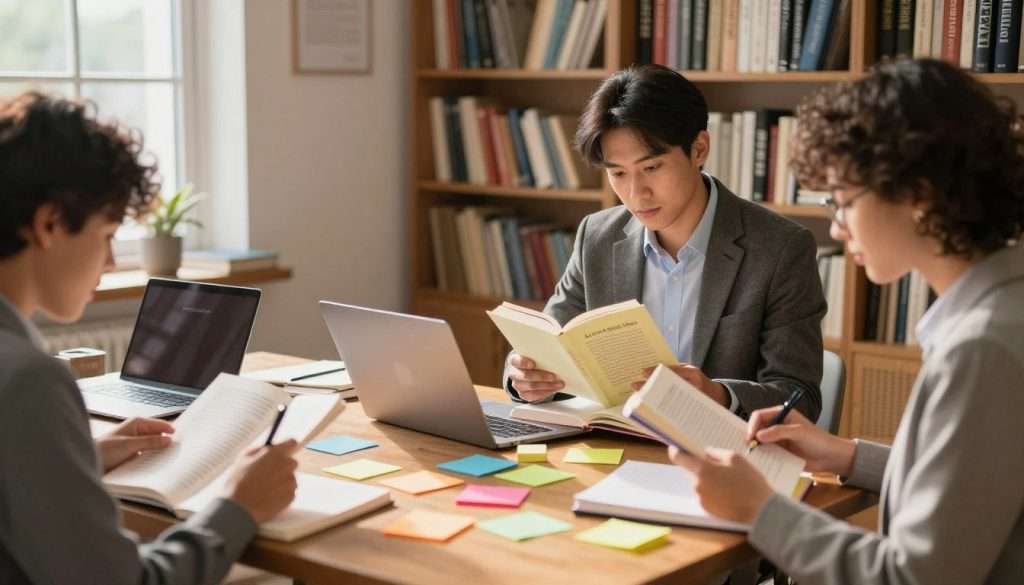 A cozy, well-lit study room showcasing active reading techniques. In the foreground, a diverse group of three individuals—two men and one woman, dressed in professional business attire—engaged in focused reading, highlighting passages in books and taking notes. The middle ground features an inviting table cluttered with colorful sticky notes, notebooks, and a laptop, portraying an interactive learning environment. The background reveals a bookshelf filled with various genres, and a large window allowing warm, natural light to filter in, casting soft shadows. The atmosphere is vibrant yet serene, inspiring a sense of productivity and concentration, with a slight bokeh effect to emphasize the subjects. The image should evoke the spirit of the Active Reading Phase, illustrating an engaging learning experience.