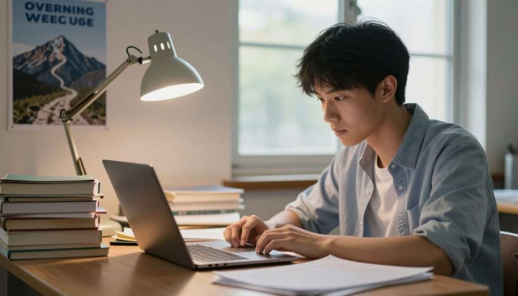 A determined student sits at a desk cluttered with textbooks, notes, and a laptop, focused intently on their studies. In the foreground, a light source from a desk lamp casts a warm glow, illuminating their concentrated expression. To the left, a motivational poster depicting a mountain path represents the journey of overcoming challenges. In the middle, scattered papers symbolize common study obstacles, such as distractions and overwhelming information. In the background, a window reveals a sunny day outside, signifying hope and new opportunities. The scene is captured in a soft, blurred perspective, enhancing the student's determination. The overall mood conveys resilience and inspiration, showcasing the theme of overcoming setbacks in the pursuit of academic success. A determined student sits at a desk cluttered with textbooks, notes, and a laptop, focused intently on their studies. In the foreground, a light source from a desk lamp casts a warm glow, illuminating their concentrated expression. To the left, a motivational poster depicting a mountain path represents the journey of overcoming challenges. In the middle, scattered papers symbolize common study obstacles, such as distractions and overwhelming information. In the background, a window reveals a sunny day outside, signifying hope and new opportunities. The scene is captured in a soft, blurred perspective, enhancing the student's determination. The overall mood conveys resilience and inspiration, showcasing the theme of overcoming setbacks in the pursuit of academic success.
