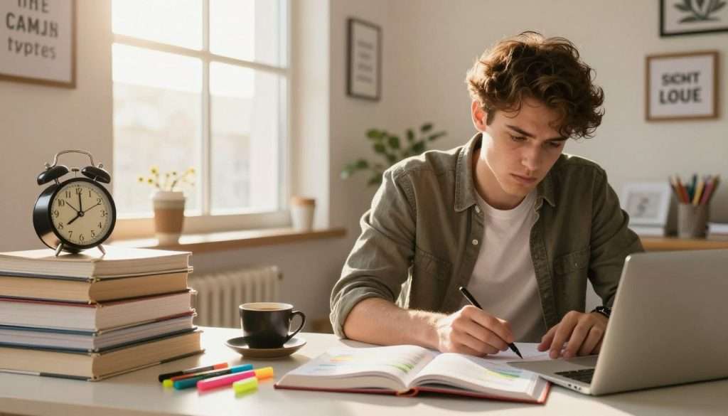 A determined young adult, dressed in casual but smart clothing, is seated at a desk cluttered with books and a laptop, deeply focused on studying. In the foreground, an open textbook lies with vibrant notes and colorful highlighters scattered around. To the left, a small table is stacked with various study materials that represent common learning obstacles, such as a clock showing time pressure and a coffee cup symbolizing fatigue. In the background, a cozy study room setting features a large window allowing warm, golden sunlight to stream in, creating a positive and inspiring atmosphere. The outer walls of the room are decorated with motivational quotes framed in tasteful decor. The overall mood should evoke resilience, focus, and the triumph of overcoming challenges in one's learning journey.