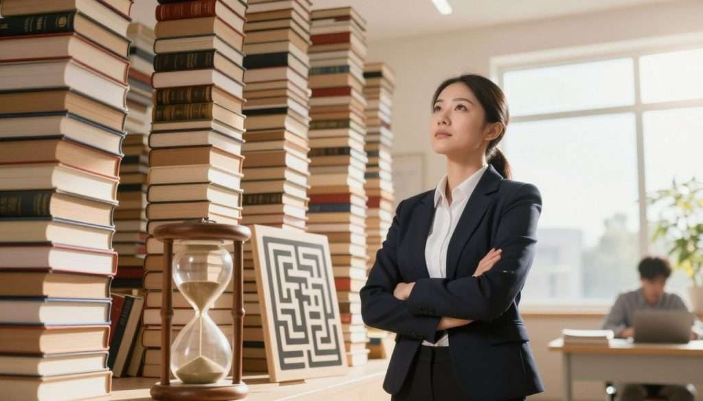 A determined young professional, wearing smart business attire, stands confidently at the forefront, looking upwards towards a towering wall made of books and study materials, symbolizing obstacles in effective studying. In the middle ground, a variety of smaller hurdles, like an hourglass representing time management and a tangled maze signifying distractions, are depicted. The background features a serene study environment, with warm, natural light streaming through a large window, illuminating the scene and creating a hopeful atmosphere. The lens is slightly wide-angle to capture both the young professional's focused expression and the magnitude of the obstacles, emphasizing the theme of overcoming challenges in the pursuit of efficient studying.