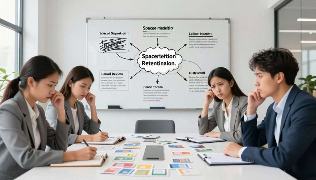 A digital illustration depicting the concept of spaced repetition memory retention mistakes. In the foreground, a diverse group of four professionals, dressed in smart casual attire, are seated around a modern conference table cluttered with flashcards and notebooks, displaying expressions of confusion and frustration. In the middle ground, a large whiteboard is filled with mind maps and diagrams highlighting common errors, such as crammed studying, lack of review intervals, and distracted learning. The background features a bright, well-lit office with large windows, allowing natural light to flood in, creating an inspiring atmosphere. The overall mood should reflect a sense of collaboration and the pursuit of effective learning strategies, with emphasis on clarity and focus in their tasks. A digital illustration depicting the concept of spaced repetition memory retention mistakes. In the foreground, a diverse group of four professionals, dressed in smart casual attire, are seated around a modern conference table cluttered with flashcards and notebooks, displaying expressions of confusion and frustration. In the middle ground, a large whiteboard is filled with mind maps and diagrams highlighting common errors, such as crammed studying, lack of review intervals, and distracted learning. The background features a bright, well-lit office with large windows, allowing natural light to flood in, creating an inspiring atmosphere. The overall mood should reflect a sense of collaboration and the pursuit of effective learning strategies, with emphasis on clarity and focus in their tasks.