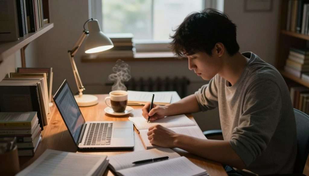 A dimly lit study room featuring a focused student seated at a wooden desk cluttered with open textbooks, notebooks, and a laptop. The foreground shows the student, a young adult in modest casual clothing, leaning intently over their notes, with a look of concentration on their face. In the middle ground, the desk has a small desk lamp casting a warm glow, illuminating the pages of a textbook and a steaming cup of coffee. The background features shelves lined with books and a window with soft, natural light filtering through, creating a serene mood. The atmosphere conveys a sense of quiet determination, perfect for enhancing focus and productive studying. The image should be captured from a slightly elevated angle, emphasizing the student’s engaged posture and study materials.