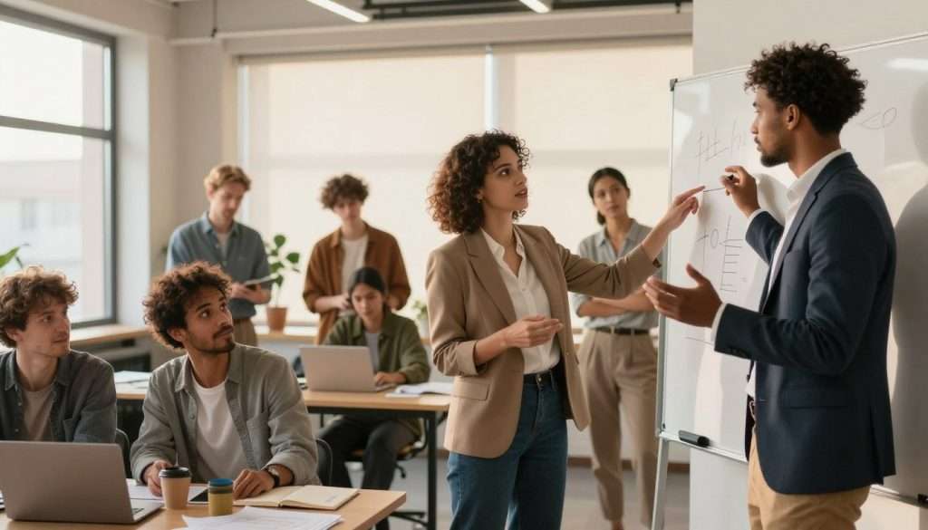A diverse group of proficient performers stands together in a vibrant, modern workspace, showcasing a range of skills. In the foreground, a confident woman in smart casual attire is teaching a small group, her expression focused yet encouraging. Next to her, a man in a tailored blazer is demonstrating a complex concept on a whiteboard, gesturing passionately. The middle ground reveals a collaborative atmosphere, with team members engaged in discussions and using laptops, showcasing creativity and teamwork. In the background, large windows let in soft, natural light, casting warm hues across the room, enhancing the sense of inspiration and growth. The overall mood is dynamic and professional, emphasizing intuition and mastery in skill development. A diverse group of proficient performers stands together in a vibrant, modern workspace, showcasing a range of skills. In the foreground, a confident woman in smart casual attire is teaching a small group, her expression focused yet encouraging. Next to her, a man in a tailored blazer is demonstrating a complex concept on a whiteboard, gesturing passionately. The middle ground reveals a collaborative atmosphere, with team members engaged in discussions and using laptops, showcasing creativity and teamwork. In the background, large windows let in soft, natural light, casting warm hues across the room, enhancing the sense of inspiration and growth. The overall mood is dynamic and professional, emphasizing intuition and mastery in skill development.